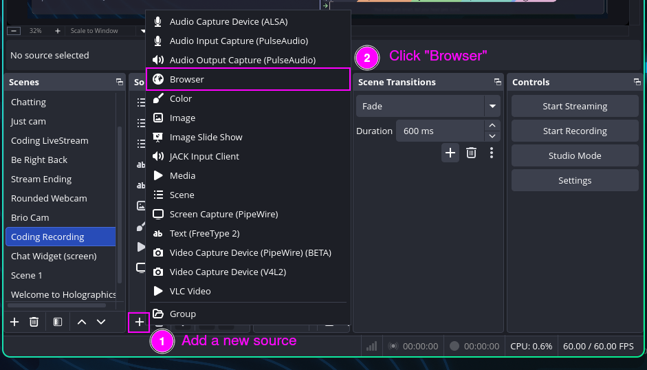 OBS Sources panel showing the + button to add a new source, with Browser highlighted in the dropdown menu