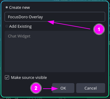 OBS source naming dialog with 'FocusDoro Overlay' entered as the source name