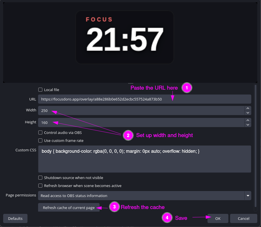 OBS Browser Source properties dialog showing the overlay URL pasted in the URL field, width set to 220 and height to 140