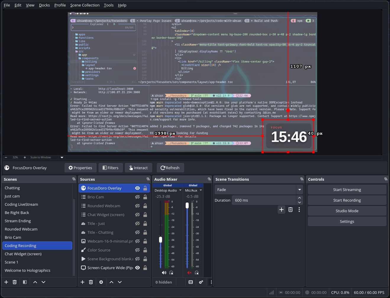 OBS scene canvas with the Focusdoro timer overlay positioned in the bottom-right corner
