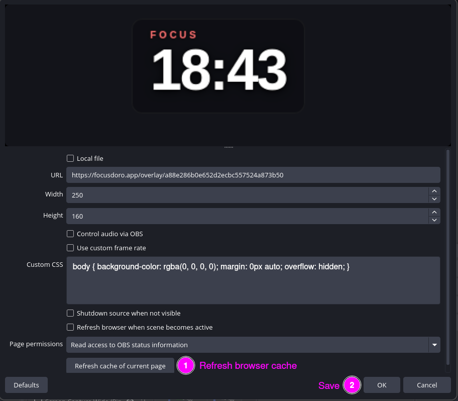 OBS Browser Source properties showing the Refresh cache button to reload overlay settings