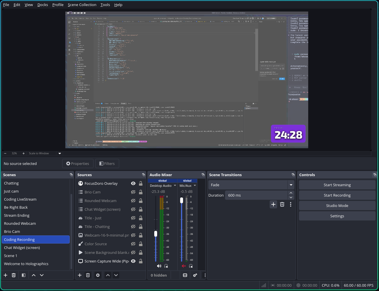 Final result showing the customized Focusdoro timer overlay in an OBS scene