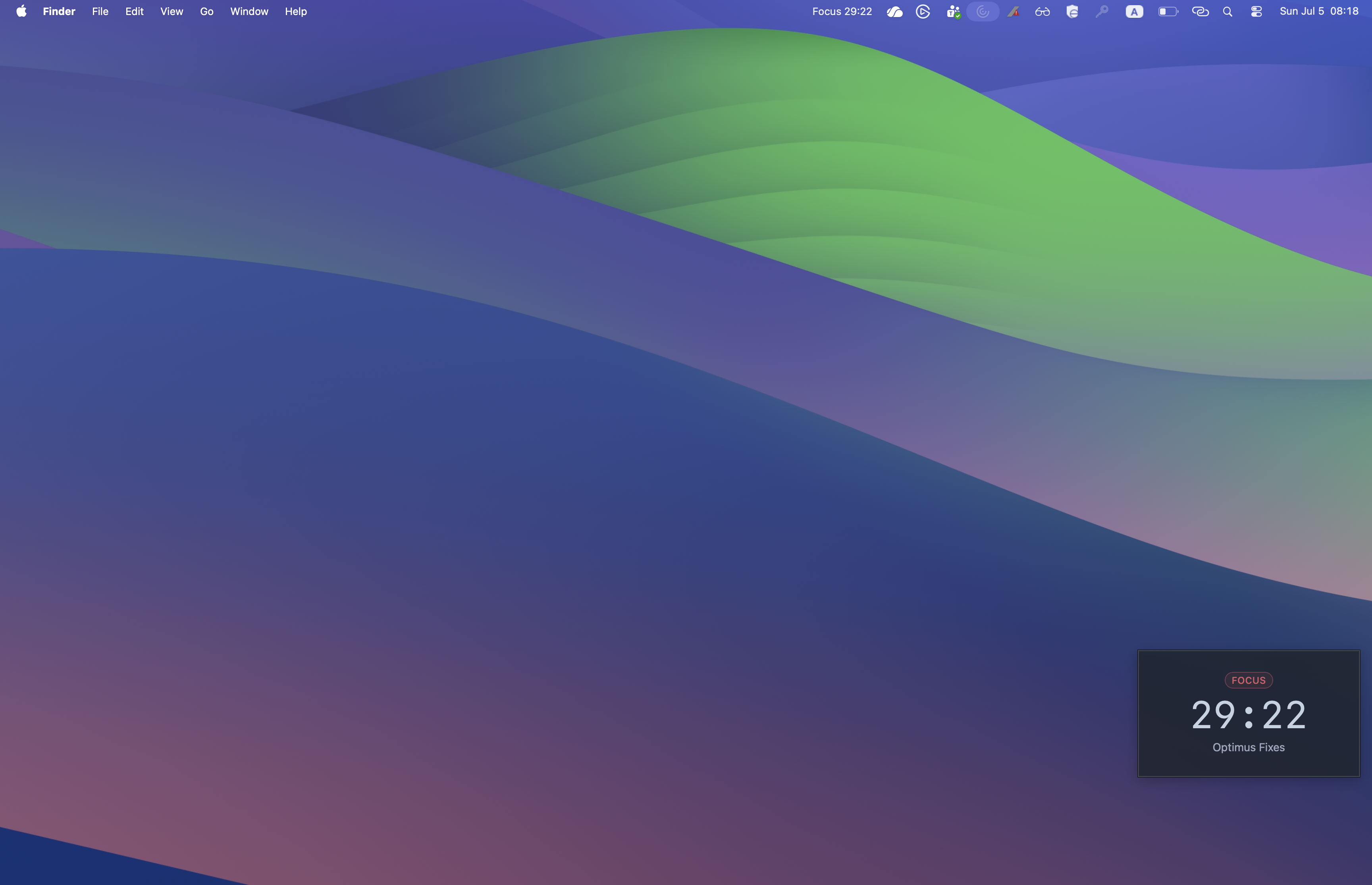 Focusdoro desktop widget floating on the bottom-right of a macOS desktop, with a matching Focus countdown label in the menu bar tray