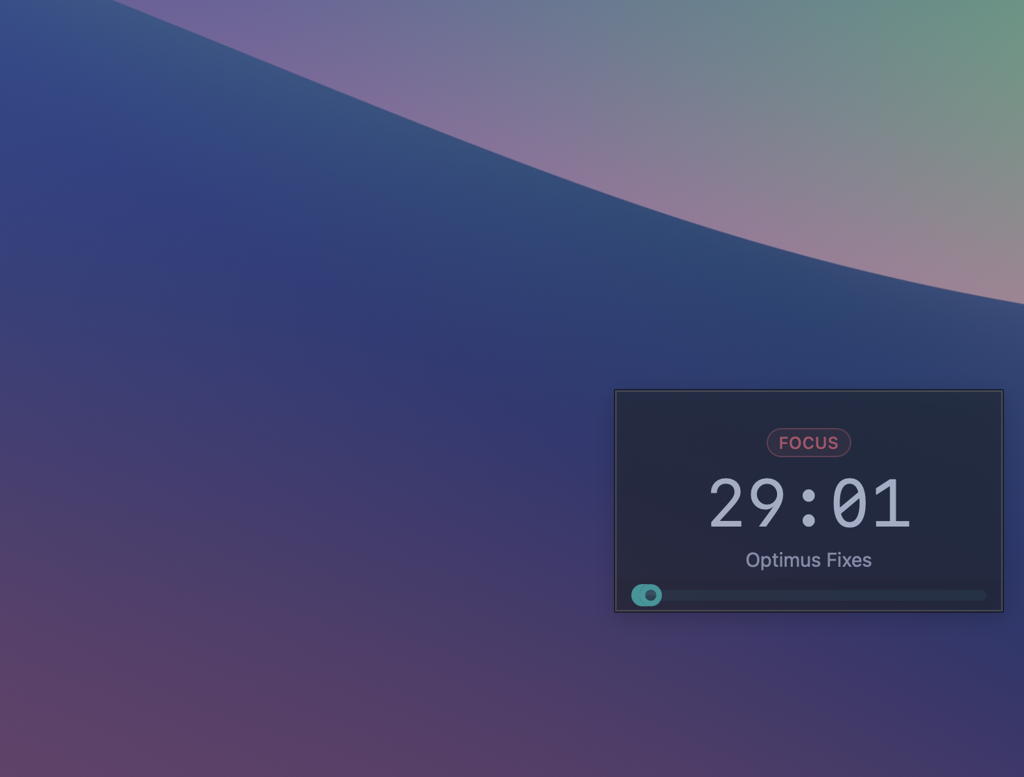 Focusdoro widget showing the opacity slider under the task label, used to make the widget translucent so it blends over an editor without blocking code